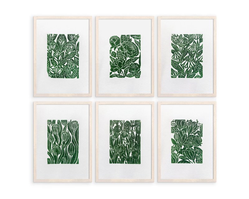 Linocut print green Gallery wall set of 6 4 2 art flowers Jasmine peonies tulips - 海報/掛畫/掛布 - 紙 綠色