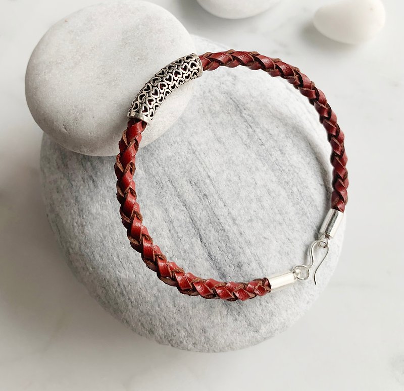 Hand-dyed woven leather bracelet/925 silver/gift exchange/Christmas gift/full of - Bracelets - Silver Red