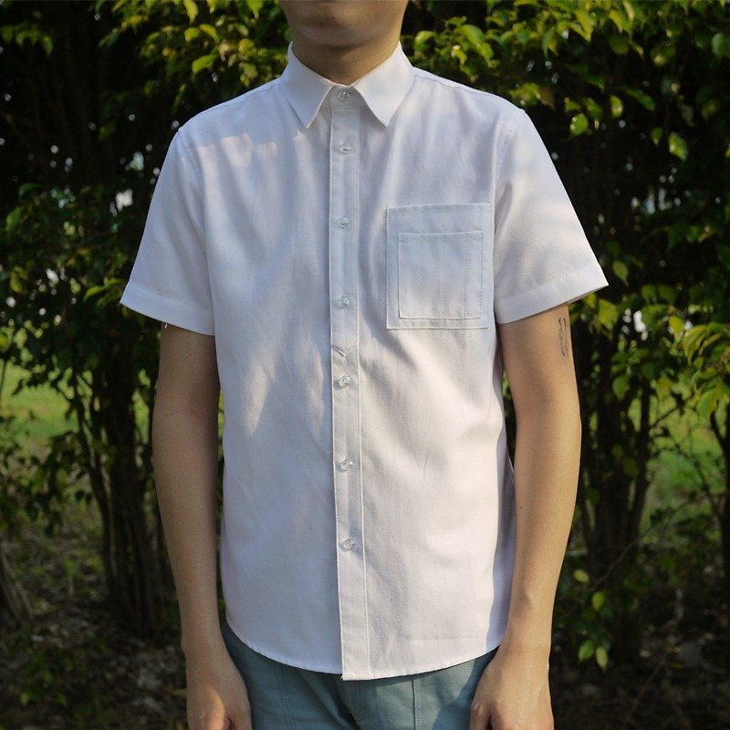 Slim-fit Oxford short-sleeved shirt/plain/oxford shirt/cotton/neutral/couple - Men's Shirts - Cotton & Hemp White