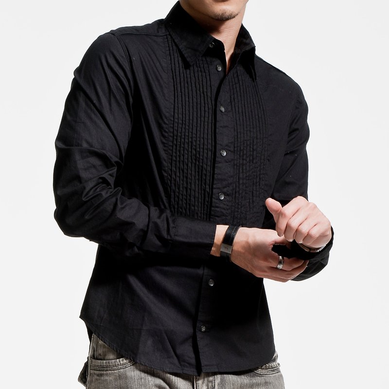 Chest pressure pleated thin black long-sleeved shirt - เสื้อเชิ้ตผู้ชาย - ผ้าฝ้าย/ผ้าลินิน 