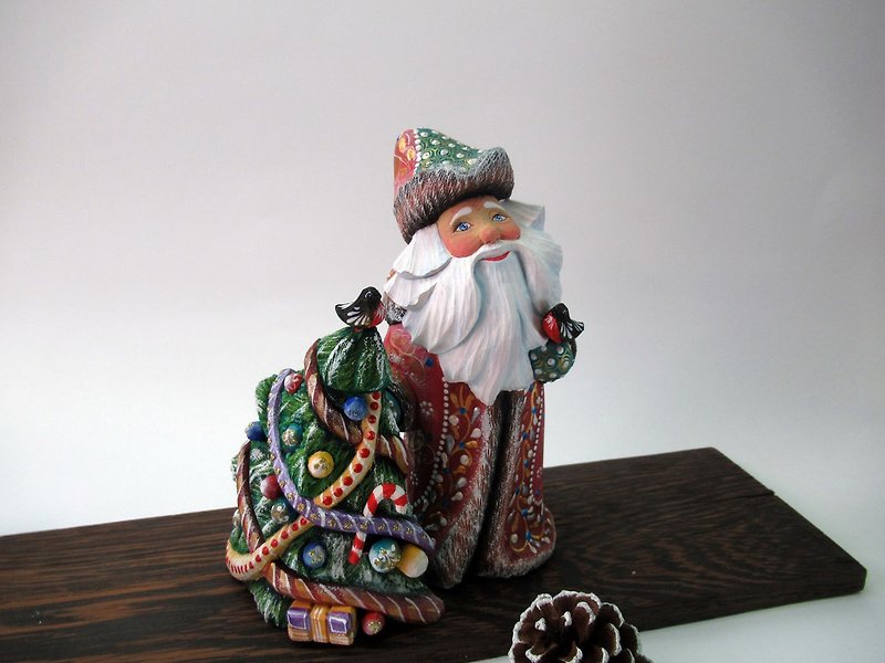 Wooden painted Russian Santa with a Christmas tree, 6.7 inches tall - Stuffed Dolls & Figurines - Wood Multicolor