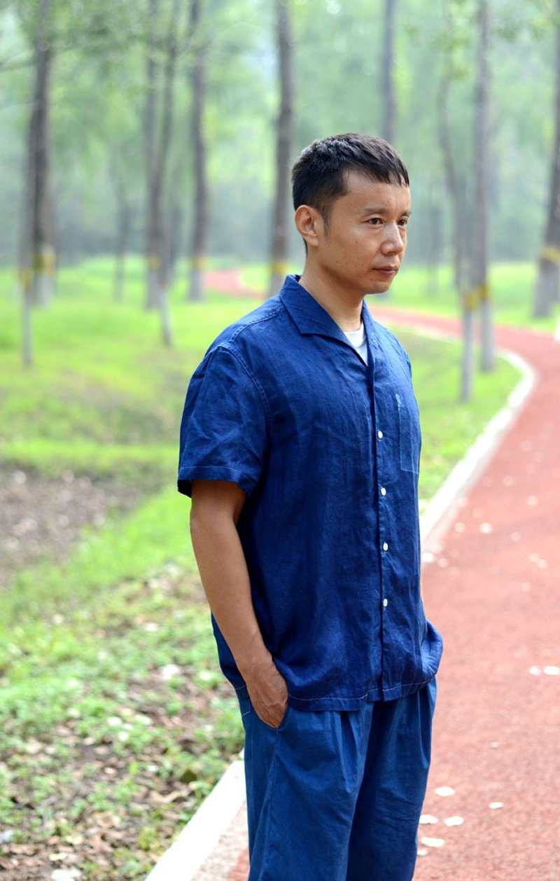 Pick Up Blue Dye Linen Half Sleeve Shirt Unisex - Men's T-Shirts & Tops - Cotton & Hemp 