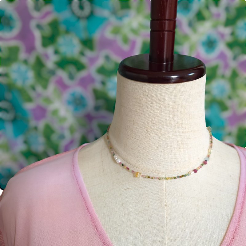 Multicolor Tourmaline, Freshwater Pearl, Citrine Short Necklace - สร้อยคอทรง Collar - เครื่องประดับพลอย หลากหลายสี