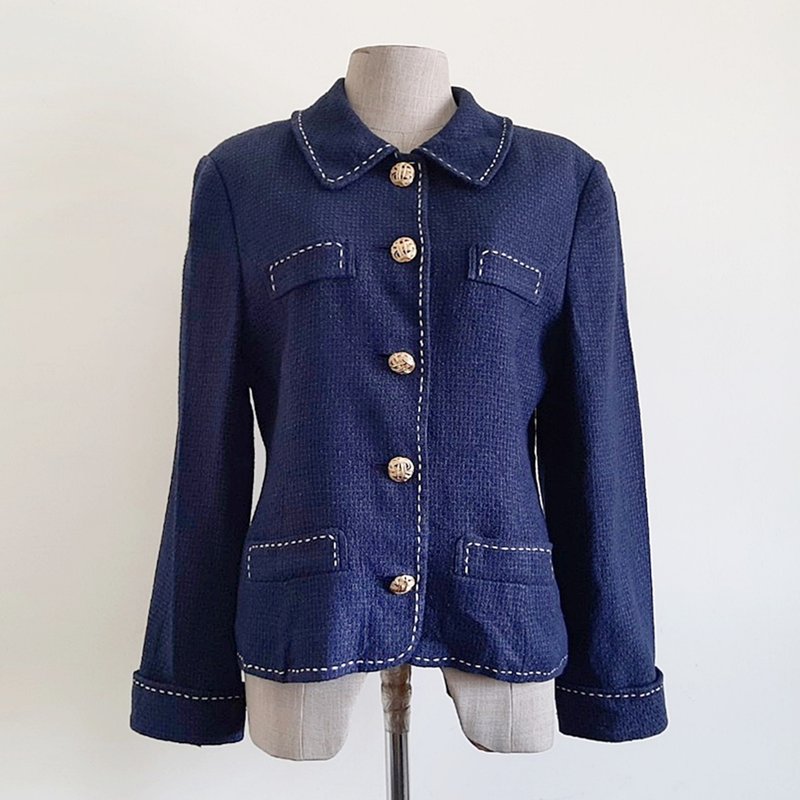 Medium Vintage MISS CHLOE Navy Blue Linen Jacket Womens Gold Button Blazer M - 女西裝外套 - 棉．麻 藍色
