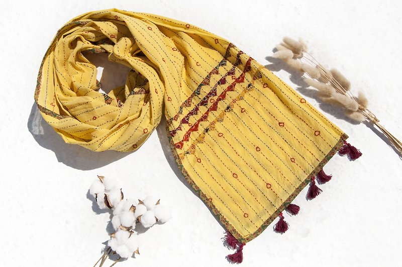 Hand-stitched pure cotton silk scarf / pure cotton embroidered scarf / India organic cotton embroidered silk scarf-desert style woodcut printing - Knit Scarves & Wraps - Cotton & Hemp Yellow