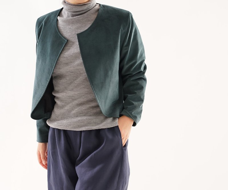Velveteen round neck Bolero jacket Cupra lined / Veil Fonse b5-21 - เสื้อโค้ทผู้ชาย - วัสดุอื่นๆ สีเขียว