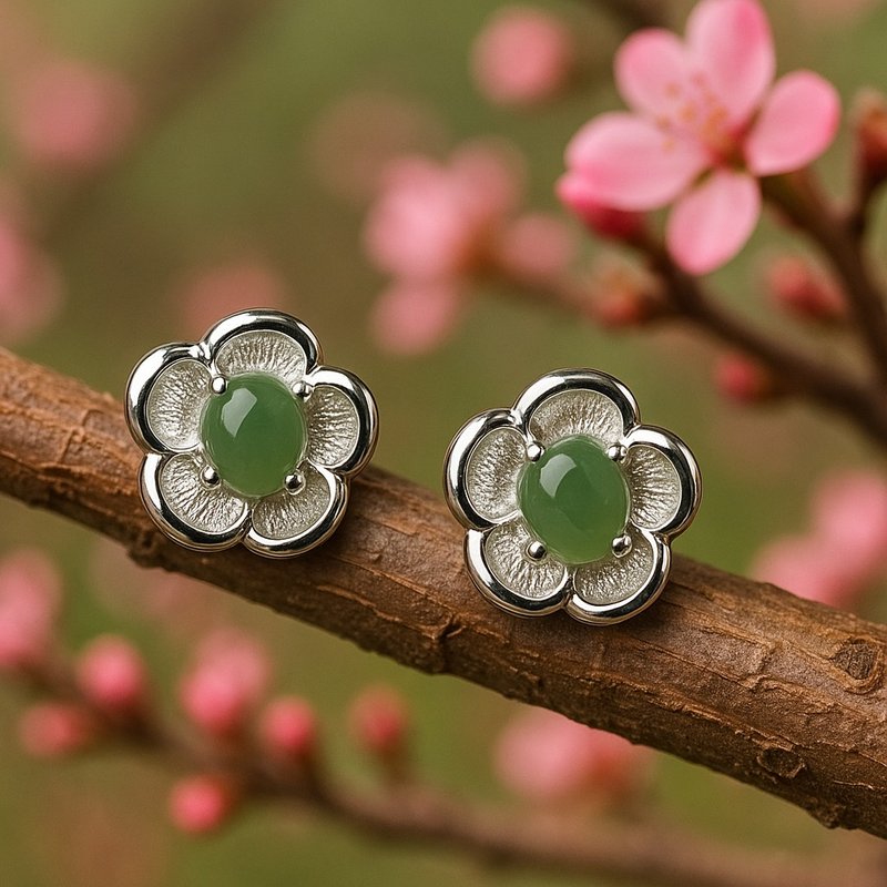 Flower Jade Earrings Natural Jasper 925 Sterling Silver A-Grade Gift - Earrings & Clip-ons - Jade Green