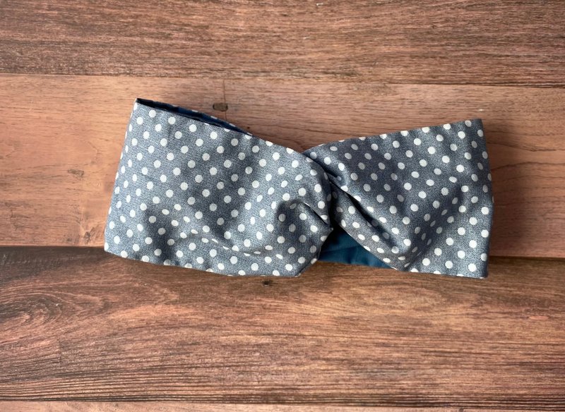 Cross hairband-blue and gray dots - เครื่องประดับผม - ผ้าฝ้าย/ผ้าลินิน สีเทา