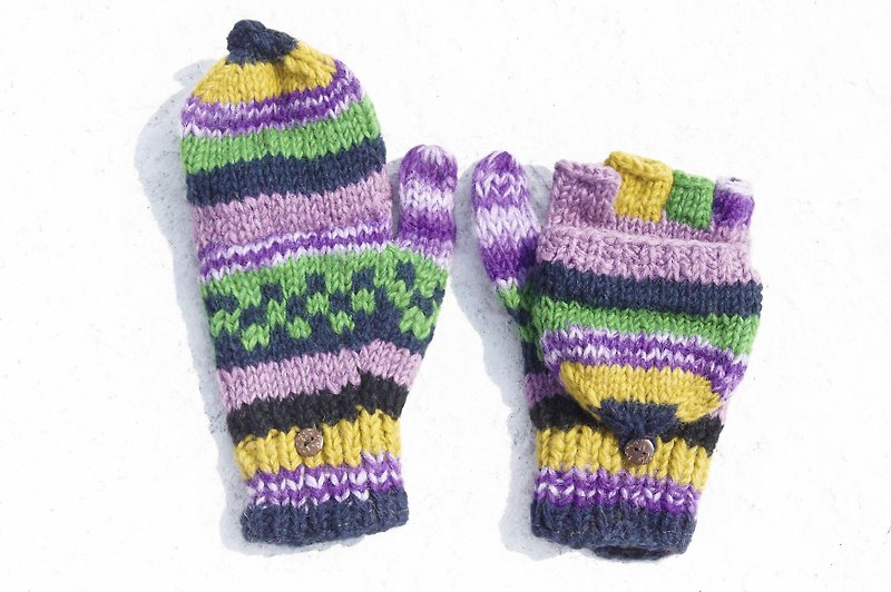 Christmas gift creative gift limited a hand-woven pure wool knitted gloves / removable gloves / bristles gloves / made in nepal - bright purple forest national totem - Gloves & Mittens - Wool Multicolor
