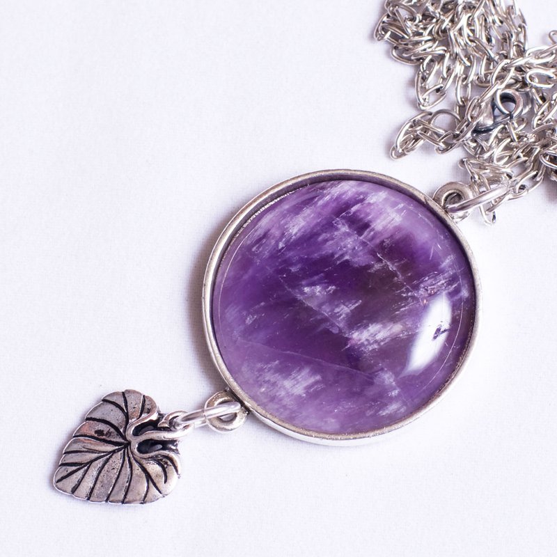 Amethyst Silver Leaf Round Purple Lilac Violet Gemstone Pendant Necklace Jewelry - 項鍊 - 寶石 紫色