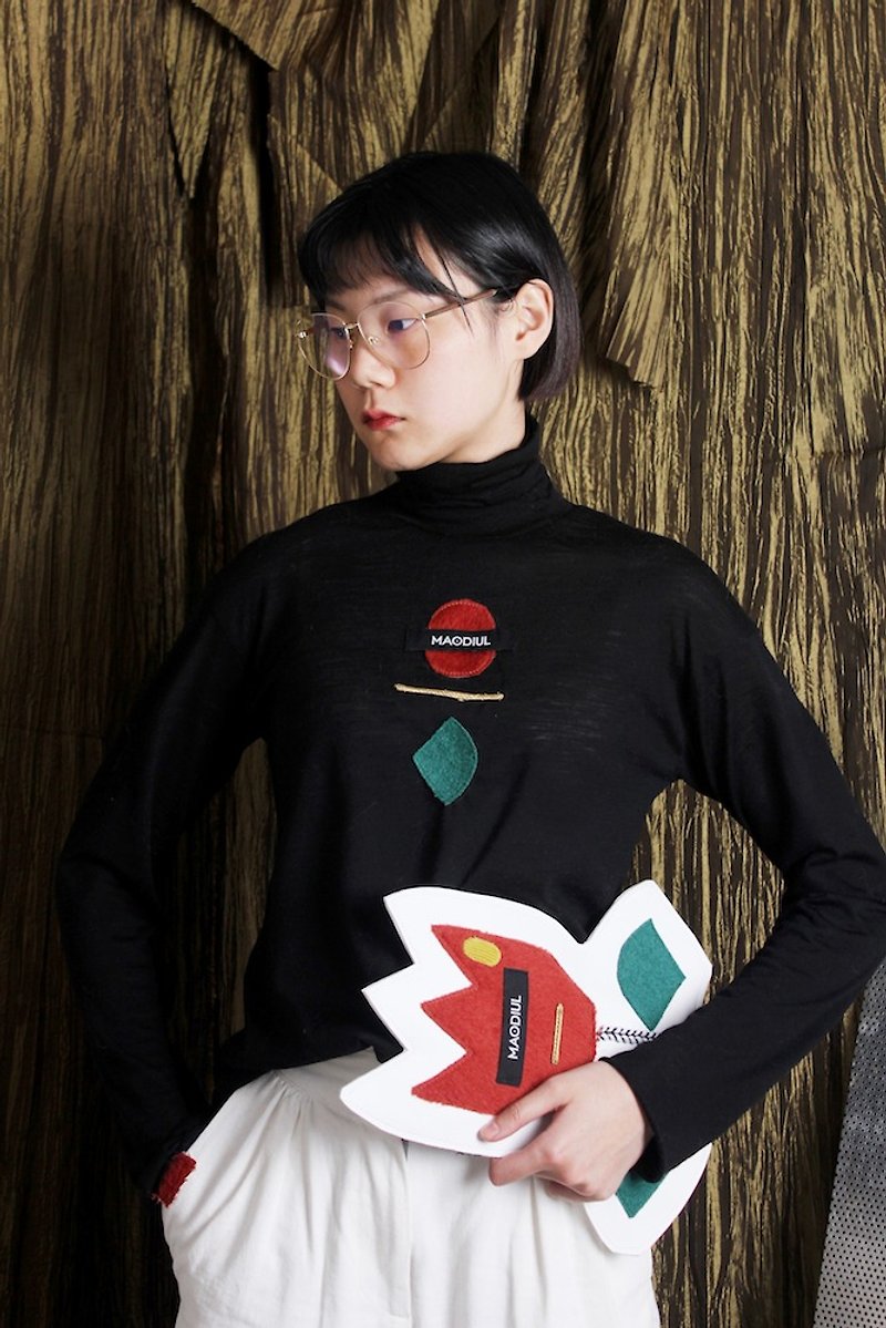 MAODIUL black high-neck patch pattern design with wool thin and transparent knit sweater - สเวตเตอร์ผู้หญิง - ขนแกะ สีดำ