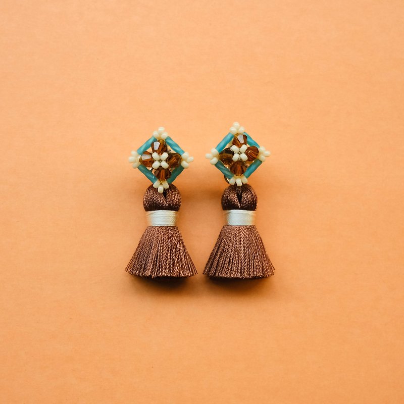 Brown Old Taiwan Tile Tassel Earrings, Earrings Clip - ต่างหู - แก้ว สีนำ้ตาล