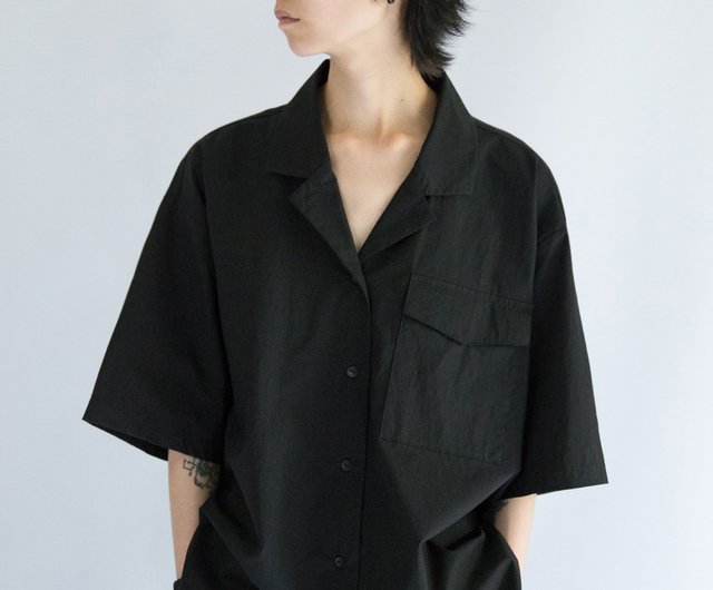 Black Loose Cuban Collar Short Sleeve Shirt - Shop Charging