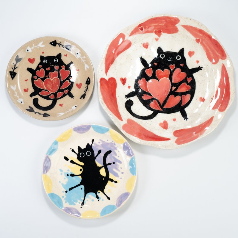 Playful Black Cat Trinket Dishes Kitty's Love Decorative Trays Handmade Pottery - Plates & Trays - Pottery Gold