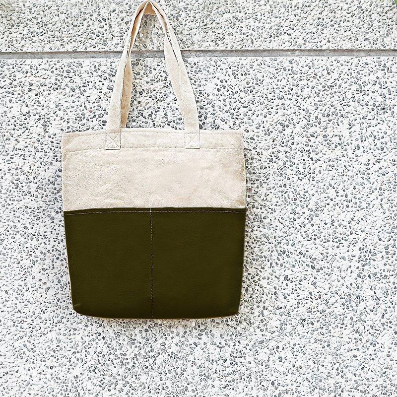 Thick canvas color double-pocket tote bag (shoulder bag / handbag) - dark green - กระเป๋าแมสเซนเจอร์ - ผ้าฝ้าย/ผ้าลินิน สีเขียว
