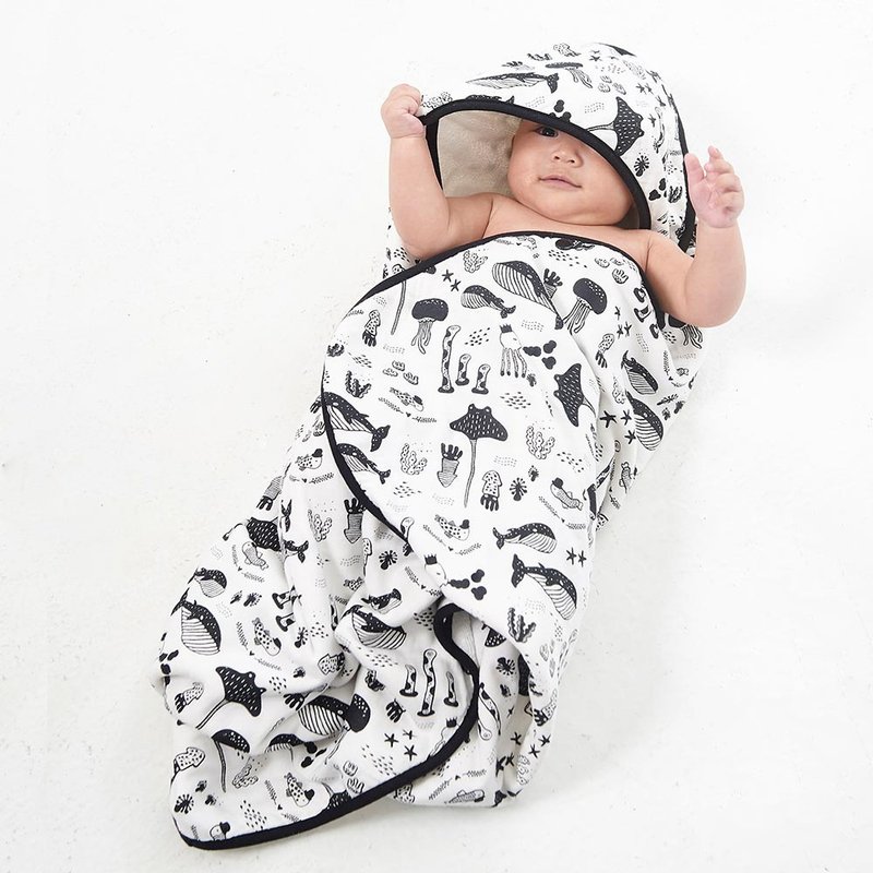 OGG x Nizio 寶寶成長型浴巾 | 大海趣 (新生兒浴巾) - 彌月禮盒 - 棉．麻 黑色