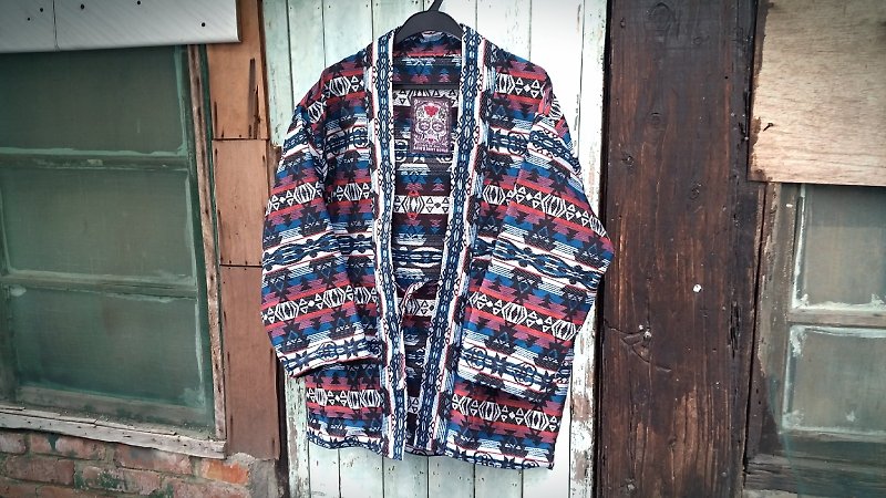 AMIN'S SHINY WORLD handmade custom KIMONO Indian national Totem blue smock coat - Men's Coats & Jackets - Cotton & Hemp Multicolor