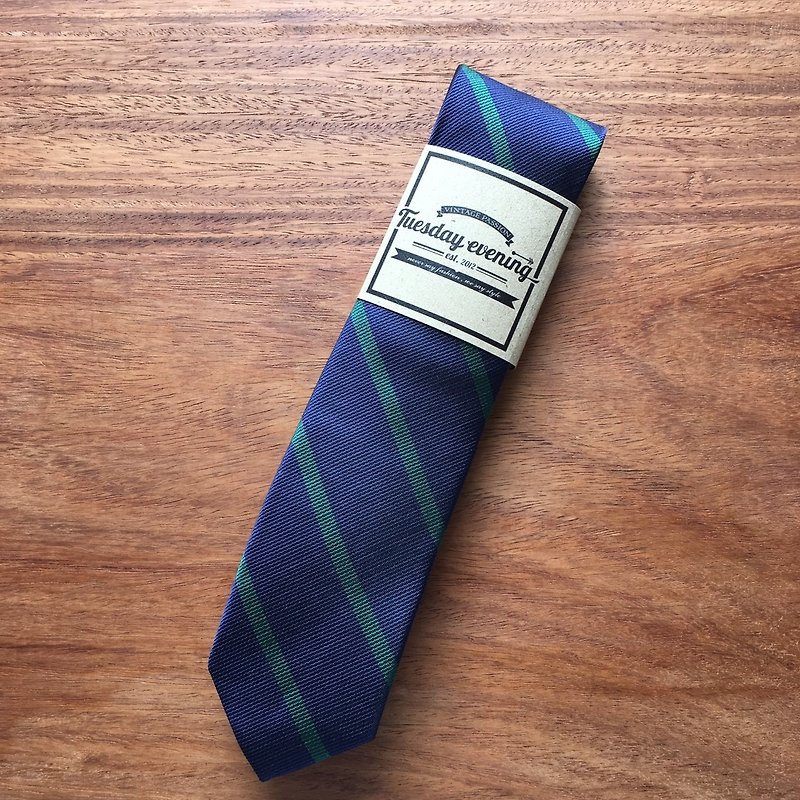 Blue Green Skinny Stripe Tie - 領帶/領帶夾 - 聚酯纖維 藍色