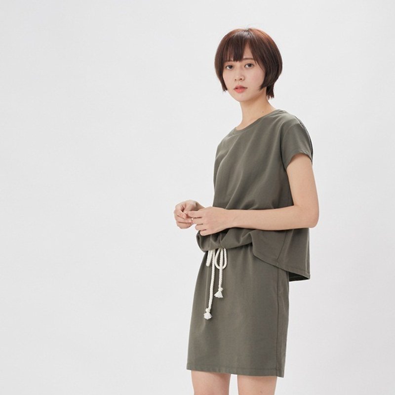 French terry Tied rope dress /Green - ワンピース - コットン・麻 ブルー
