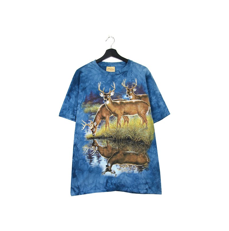 グリーンに戻る：手染めの湖畔の鹿はヴィンテージのTシャツを着ることができます - Tシャツ メンズ - コットン・麻 