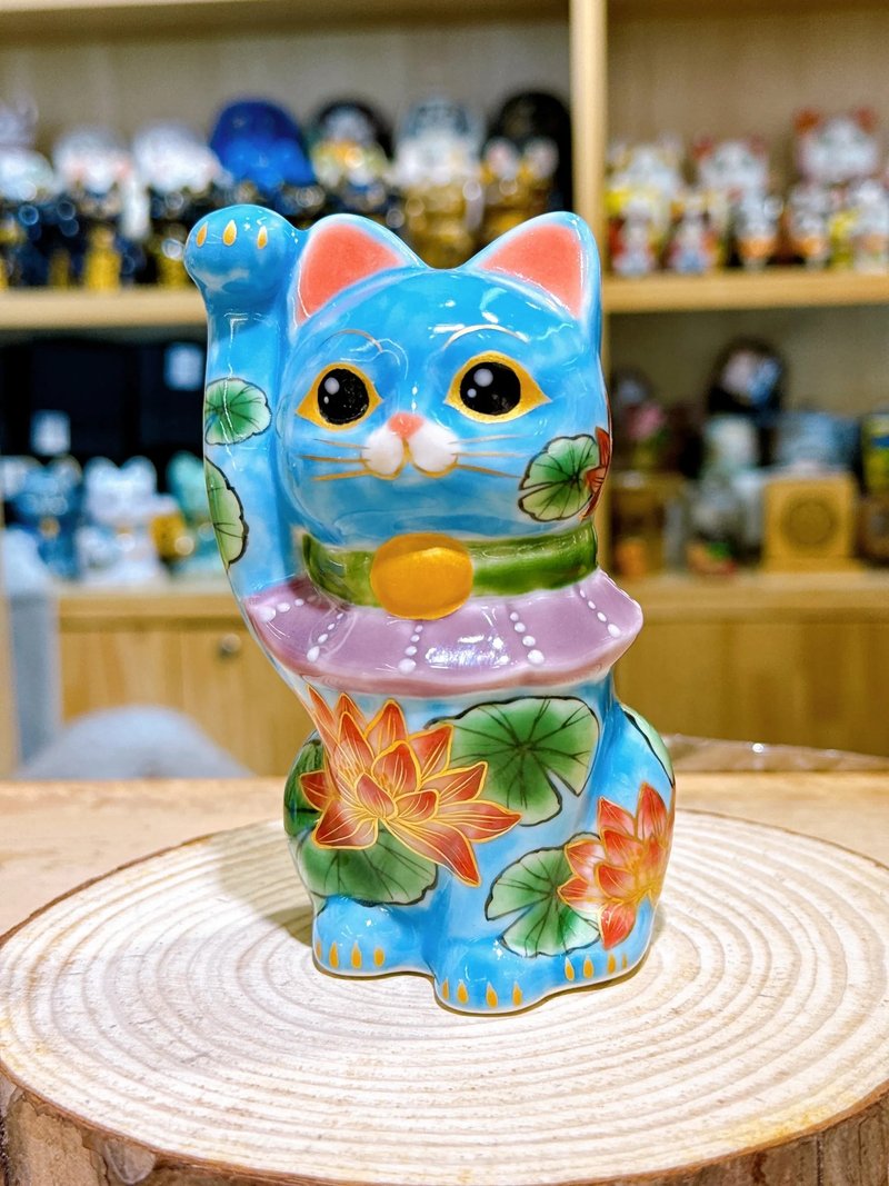 【蓮水迎祥】日本清水燒招財貓 | 色繪 - 水色地蓮 - 擺飾/家飾品 - 瓷 藍色