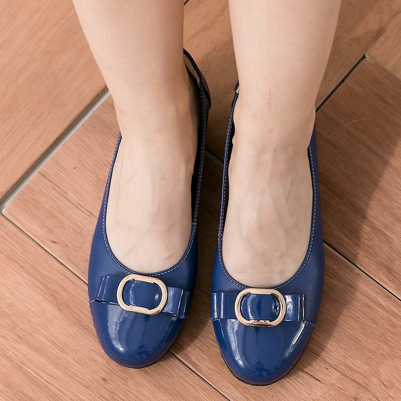 Maffeo wedge shoes casual shoes stitching patent leather word thick end shoes (213 midnight blue) - รองเท้าบัลเลต์ - กระดาษ สีน้ำเงิน