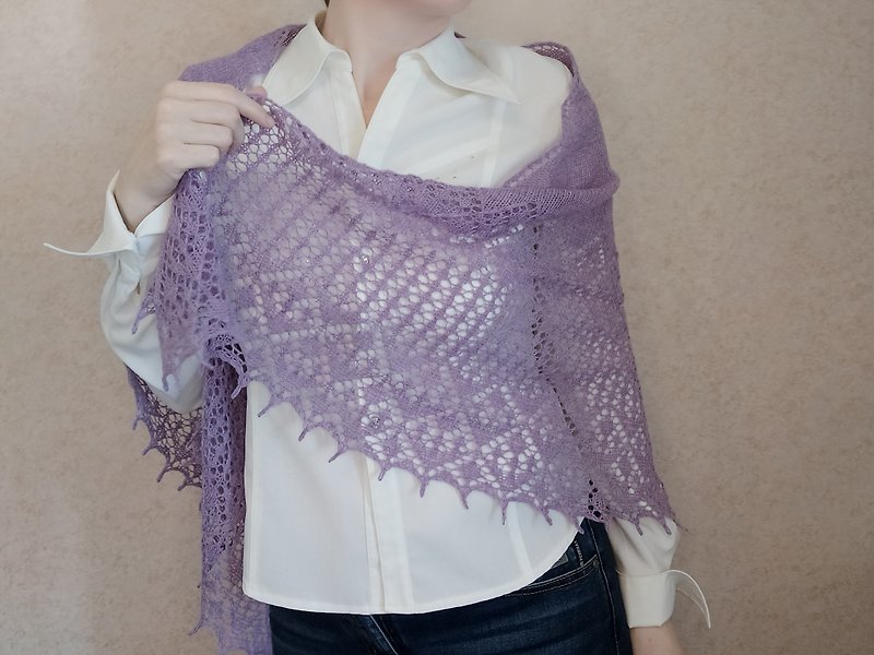 Lace shawl hand knit, merino wool shawl, triangle lightweight shawl - Scarves - Wool Purple