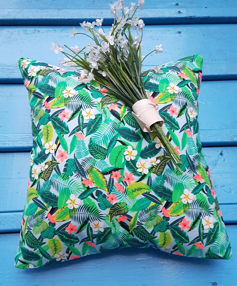 北歐風格特色清新小花大葉子藍圖案抱枕靠枕靠墊枕套 - 枕頭/抱枕 - 棉．麻 綠色