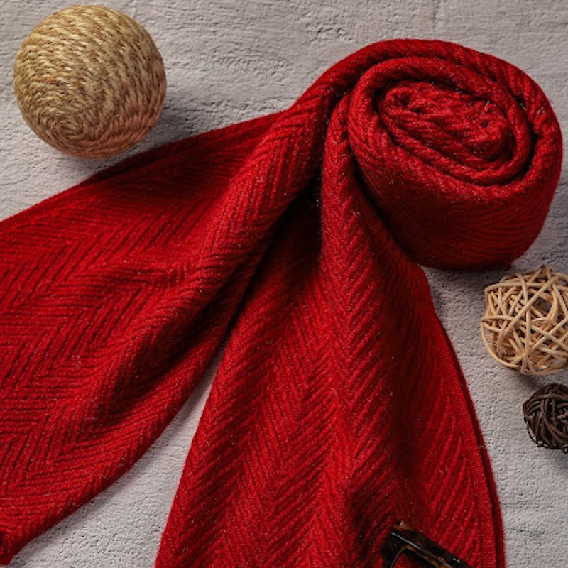【窄版】喀什米爾羊毛圍巾 暗紅色 脖圍 手工編織 男女適用 - 圍巾/披肩 - 羊毛 紅色