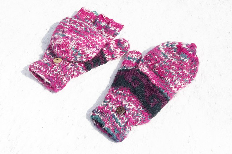 Christmas gift creative gift exchange gift limited a hand-woven pure wool knitted gloves / removable gloves / bristles gloves / warm gloves (made in nepal) - gorgeous pink color national totem - Gloves & Mittens - Wool Multicolor