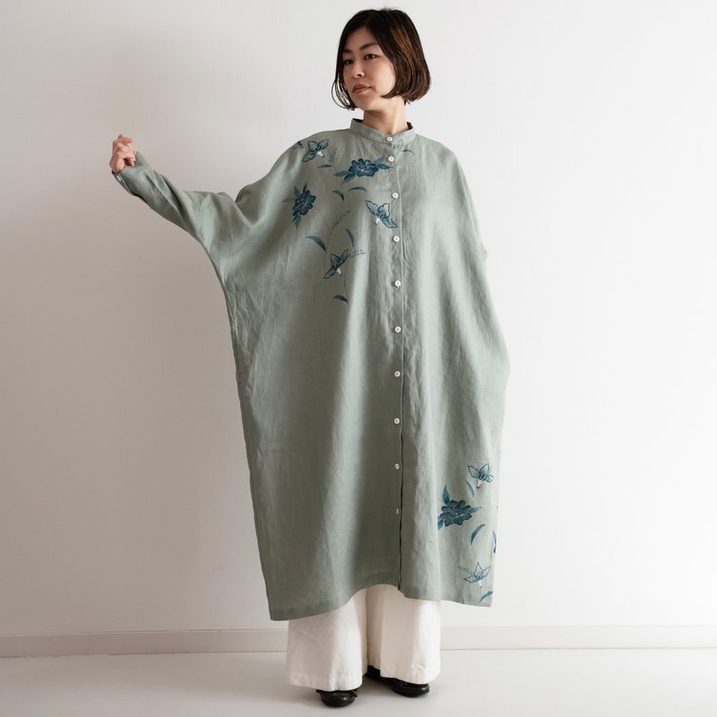 スタンドカラーシャツドレス　更紗・牡丹 - 洋裝/連身裙 - 棉．麻 綠色
