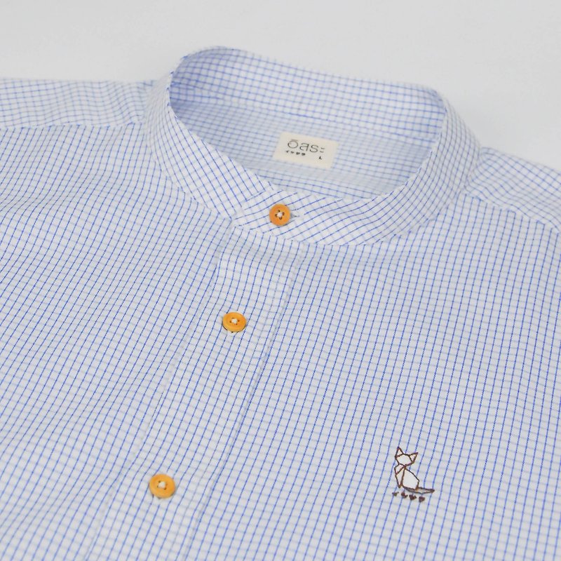 (SIZE L, XL) CAT // white blue grid // men shirt straight fit - 男襯衫/休閒襯衫 - 棉．麻 白色