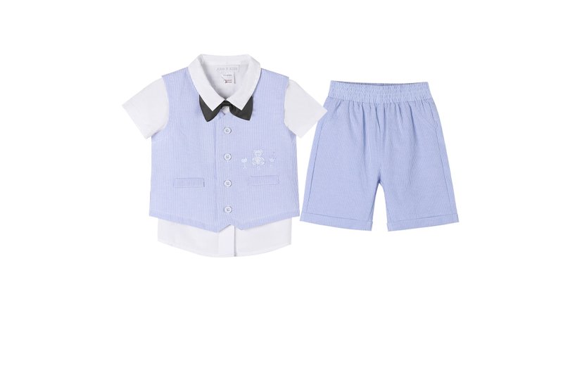 Little Gentleman's 3-piece reverse collar shirt suit for newborn baby party - ชุดเด็ก - ผ้าฝ้าย/ผ้าลินิน สีน้ำเงิน