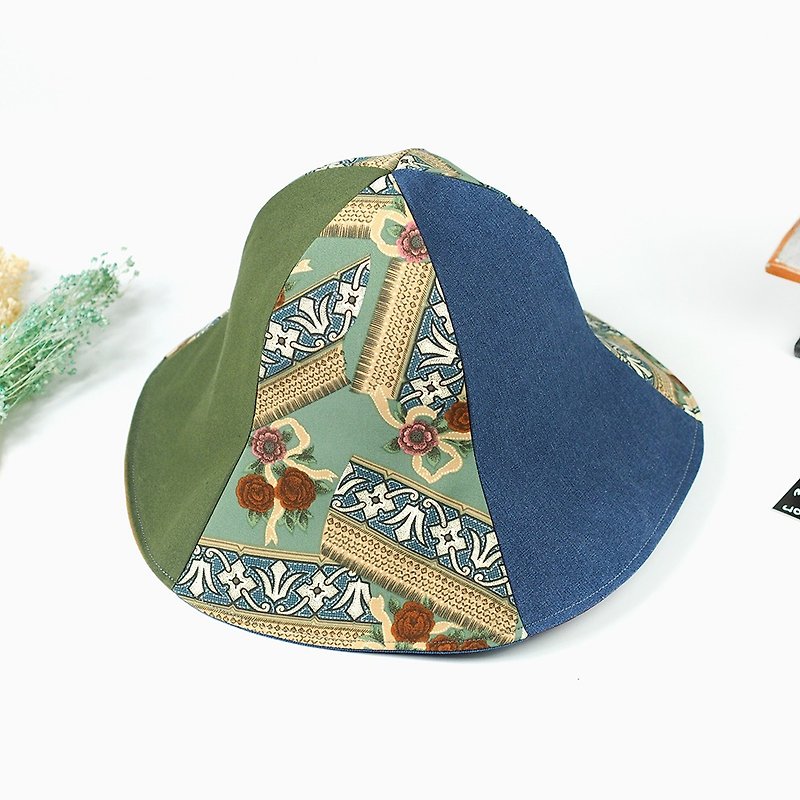 手工雙面帽 遮陽帽 復古拼接【古歐花殿】霧綠 HM-44 - 帽子 - 棉．麻 綠色