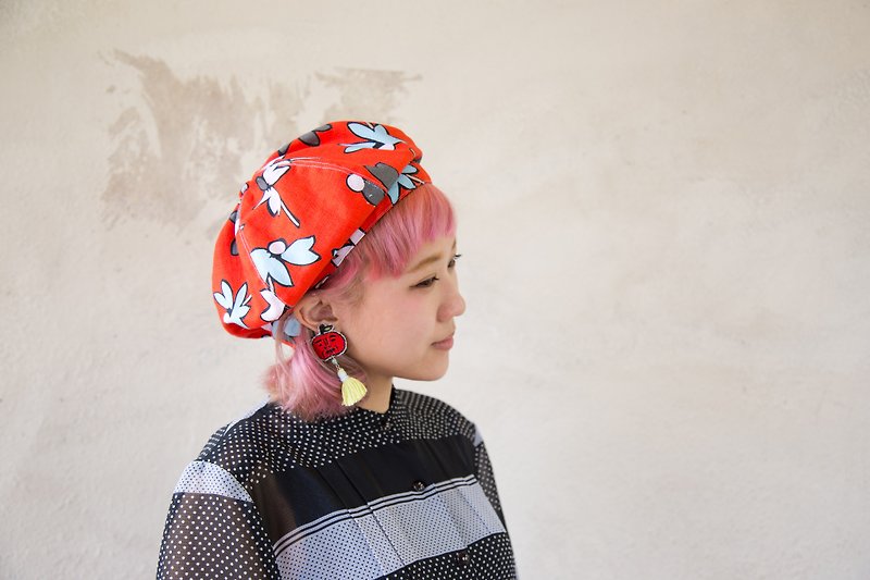 flamingo_ Orange Spring stamp artist beret "limited edition" [Sold out. can be customized] - หมวก - ผ้าฝ้าย/ผ้าลินิน สีส้ม