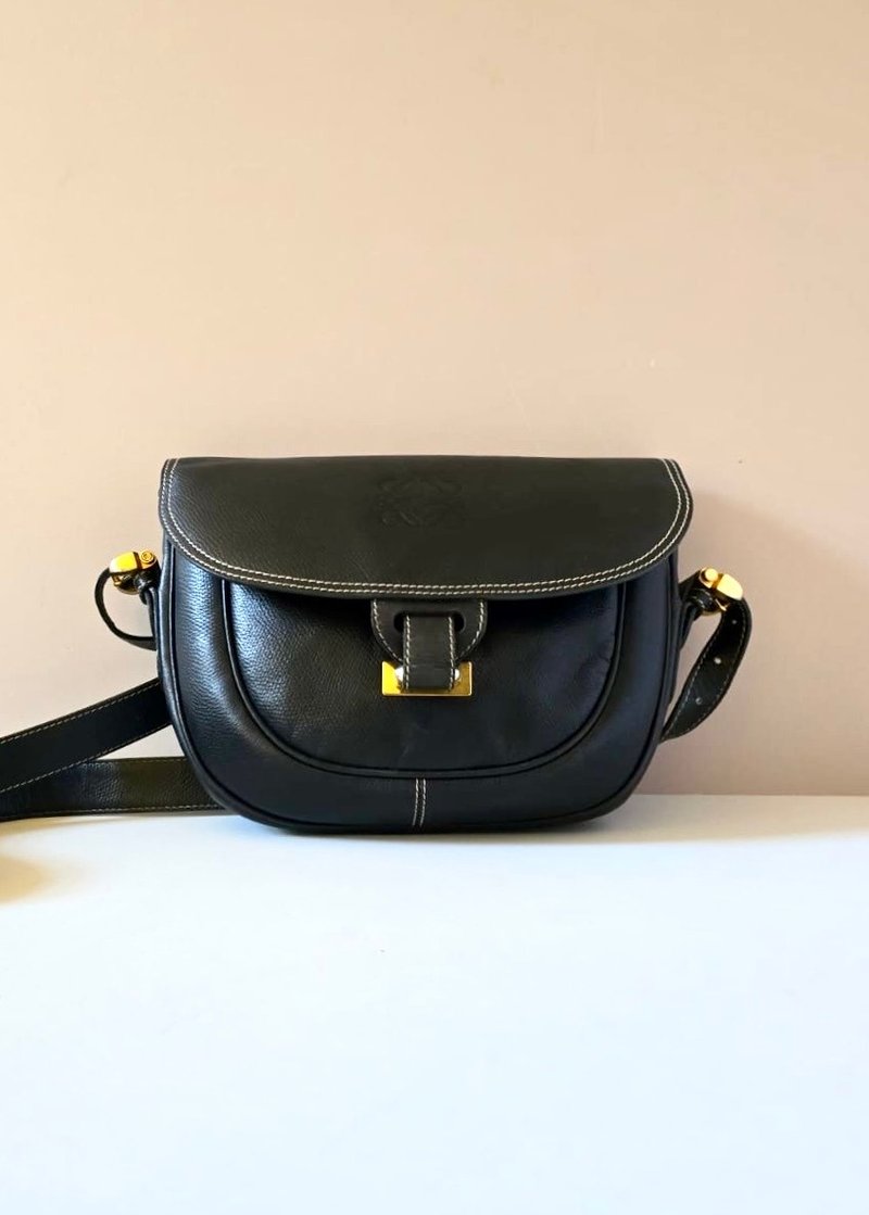 絕版古董包 Loewe黑金色馬鞍側背包 斜背包 皮革包 單肩包 中古包 - 側背包/斜背包 - 真皮 黑色