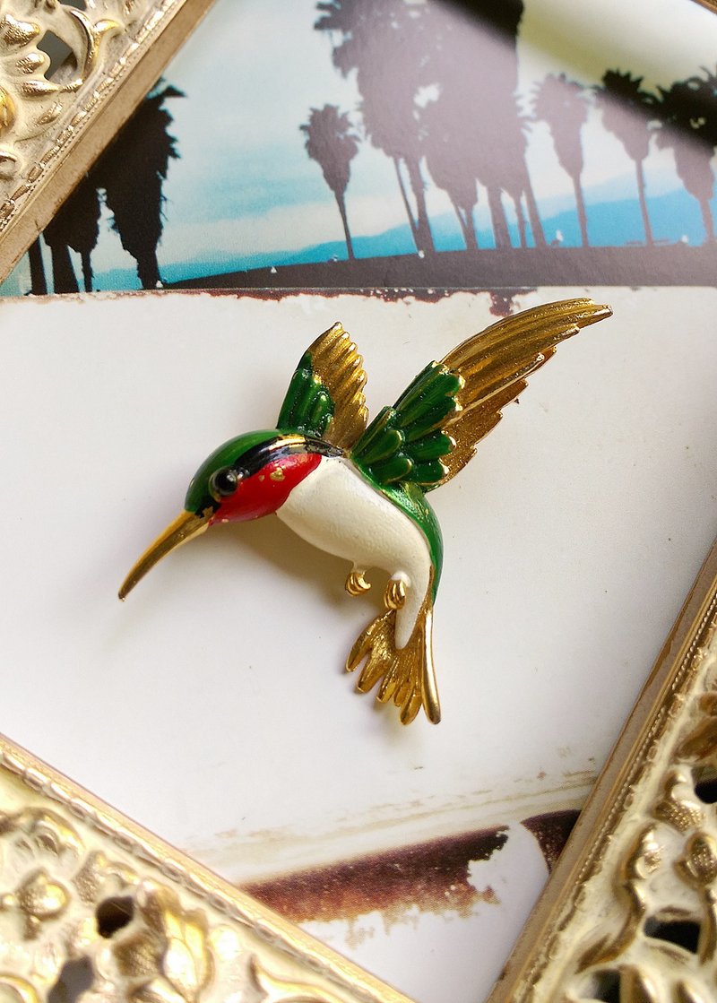 【西洋古董飾品/年代老件】1960's GERRY'S  綠頭琺瑯蜂鳥 別針 - 徽章/別針 - 其他金屬 綠色