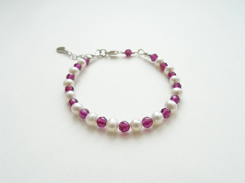 Purplish Fuchsia Faceted Garnet, Freshwater Pearl Sterling Silver Bracelet - Bracelets - Pearl Purple