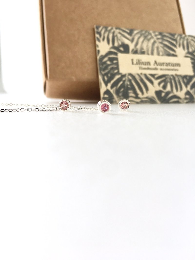 Pink Tourmaline bezel stud-earring and necklace all SV925 set-up for gift - Necklaces - Gemstone Pink