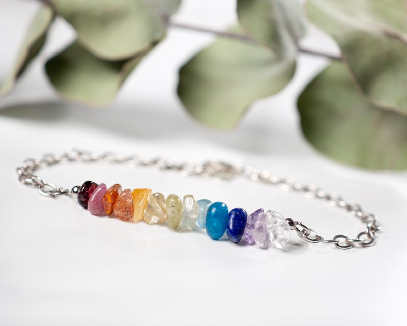 Genuine 7 Chakra Gemstone Bracelet, Rainbow Crystals, Sterling Silver Jewelry - 手鍊/手環 - 寶石 多色