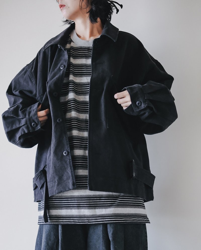 高田馬場腰帶水洗夾克 - 2色 - 黑 - 女大衣/外套 - 棉．麻 黑色