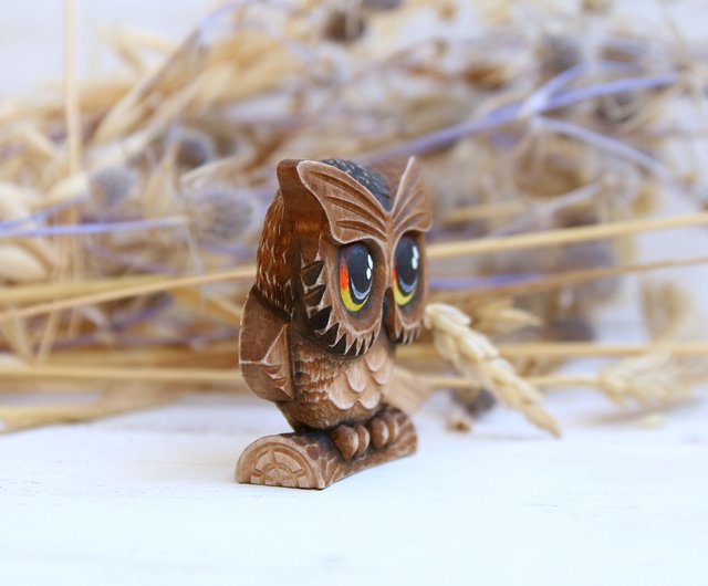 Wooden Owl Sculpture Wood Carving Owl Figurine Wood Art by Linden