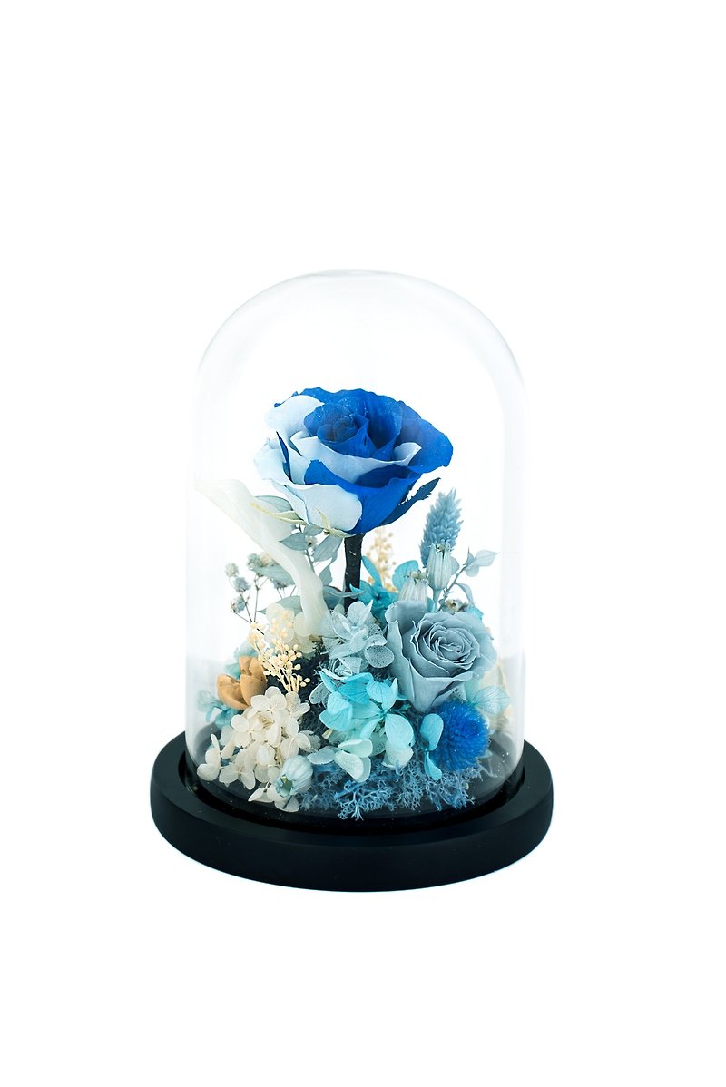 濃淡ブルーのカラーブロック永遠の花ガラスカバー - ドライフラワー・ブーケ - 寄せ植え・花 ブルー