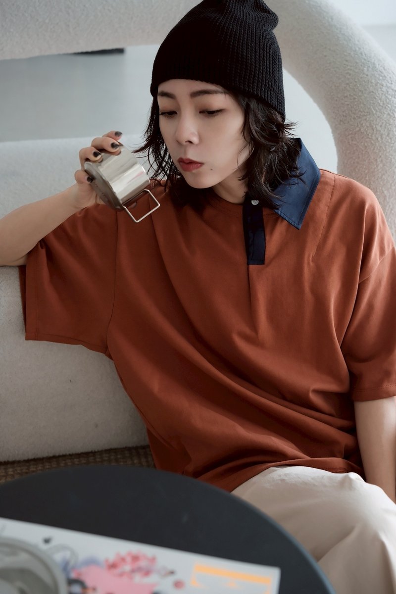 解構襯衫變型領拼TEE - 女 T 恤 - 棉．麻 橘色