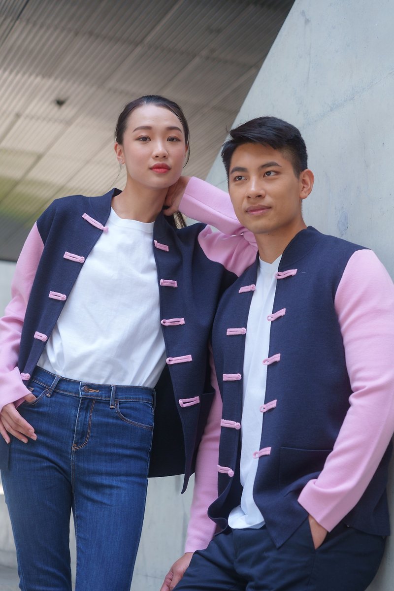 Unisex Color Block 100% merino wool knitted tang jacket (Dark Blue/ Pink) - Men's Coats & Jackets - Wool Pink