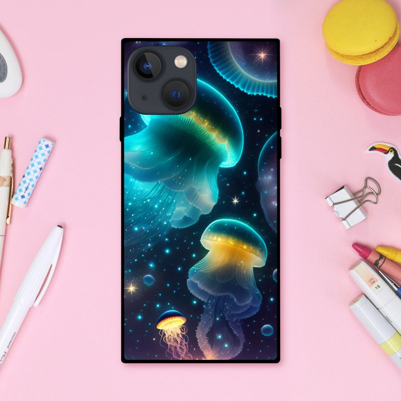 A square smartphone case featuring a dreamlike, glittering jellyfish swimming in a deep-sea-like universe [tempered glass finish] for iPhone 16 - เคส/ซองมือถือ - พลาสติก หลากหลายสี