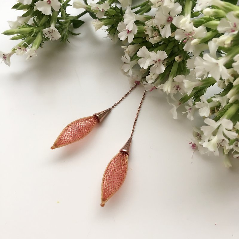 French handmade nylon flower 苞 earrings _ pink orange - Earrings & Clip-ons - Polyester Red