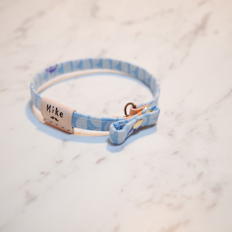 Cat small chop collar, water blue wave, seagull with double-sided twisting leather case, free bell, additional tag - ปลอกคอ - ผ้าฝ้าย/ผ้าลินิน 