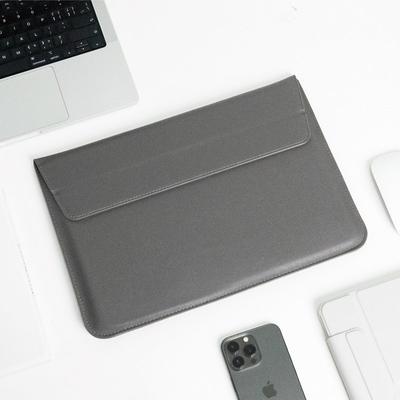 Macbook 13/14/15/16-inch envelope stand-up leather laptop storage bag - Laptop Bags - Other Materials Gray