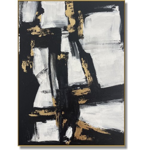 キャンバスに描かれたオリジナルの抽象画、金箔の白黒絵画、高級